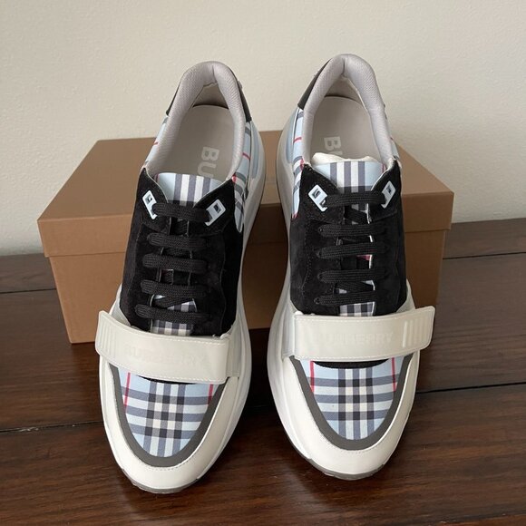 BURBERRY Men's Ramsey Blue Check Low-Top leather, suede, cloth Trainer Sneakers - Picture 3 of 15